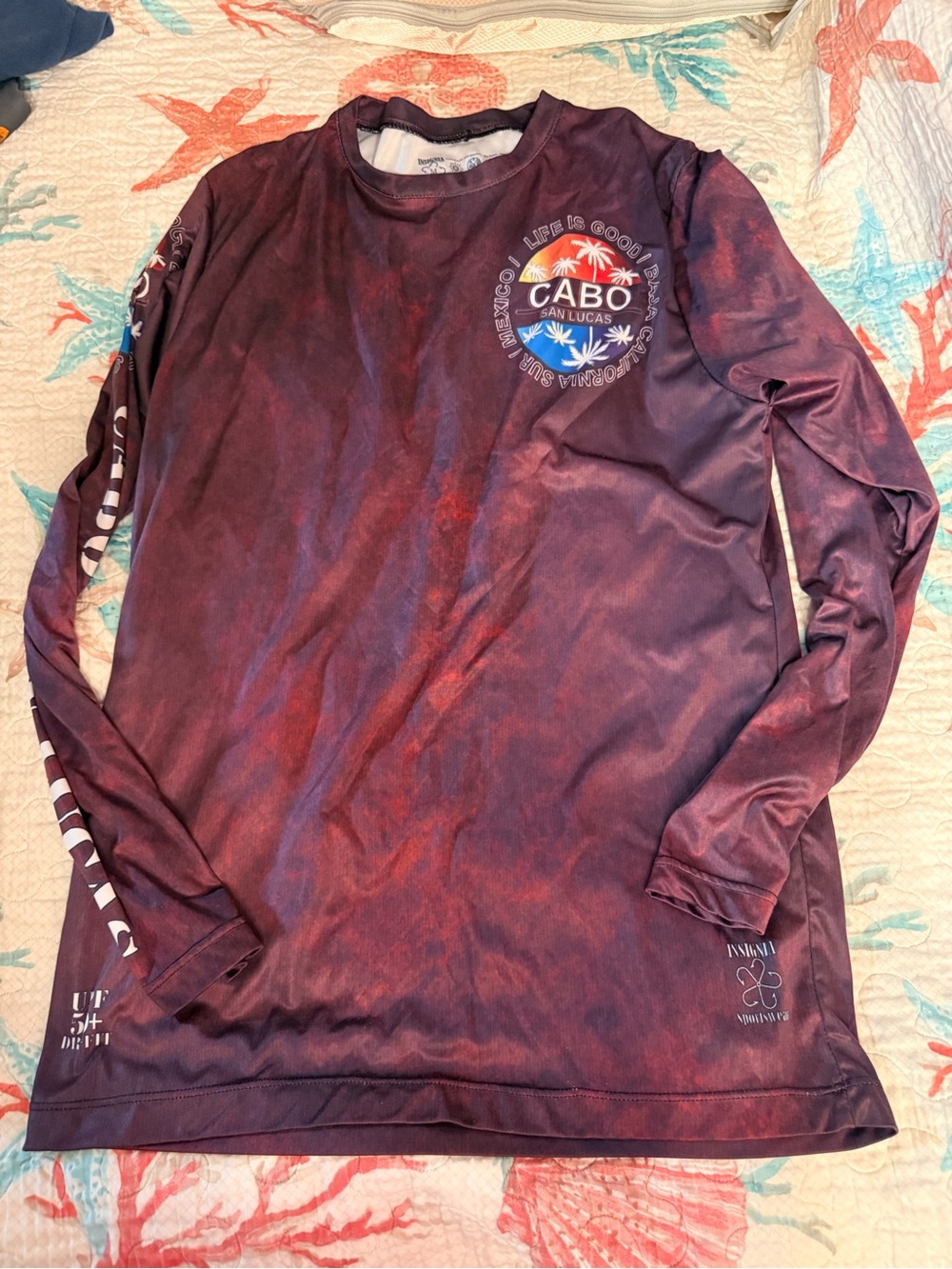 Cabo San Lucas Men's Long Sleeve Performance Tee - Maroon Tie-Dye